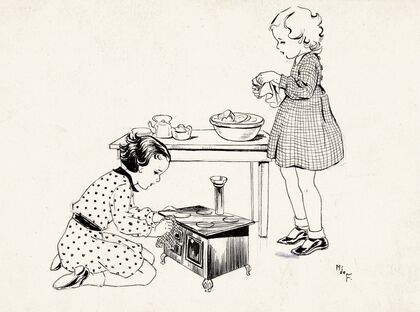 Twee meisjes spelend met een speelgoedfornuis