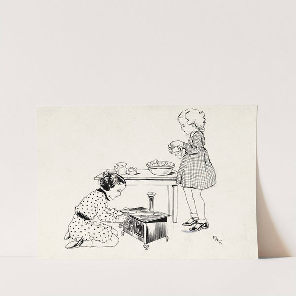 Twee meisjes spelend met een speelgoedfornuis by Miep de Feijter