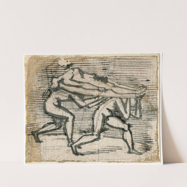 Twee naakte krijgers vervoeren dode op een schild by David Humbert de Superville