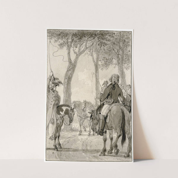 Twee ruiters bij een rijtuig: 'Zij plaatsten zich...' by Reinier Vinkeles