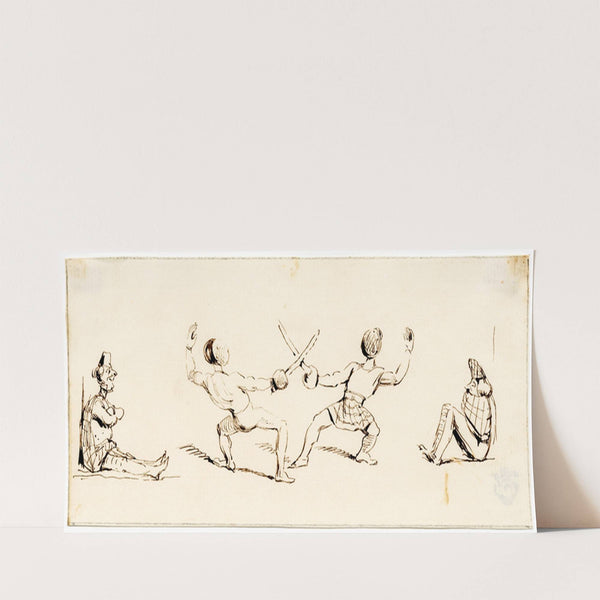 Twee schermende figuurtjes, geflamkeerd door 2 narren by Pieter van Loon