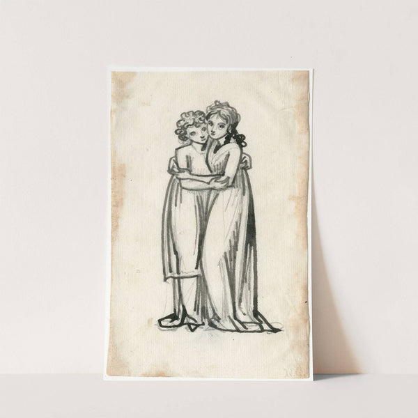 Twee staande, elkaar omarmende meisjes in lange gewaden by David Humbert de Superville