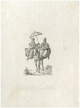 Twee vrouwen en een kind op een paard