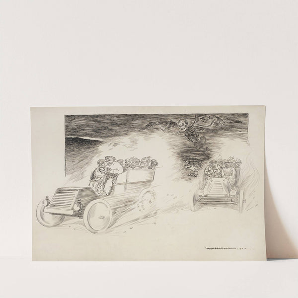 Two cars full of people drive down a road, oblivious of the dead bodies in the road behind them and the skeleton (death) floating above them (1902) by William Henry Walker