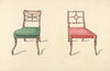 Two chairs with red, green cushions