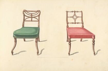 Two chairs with red, green cushions