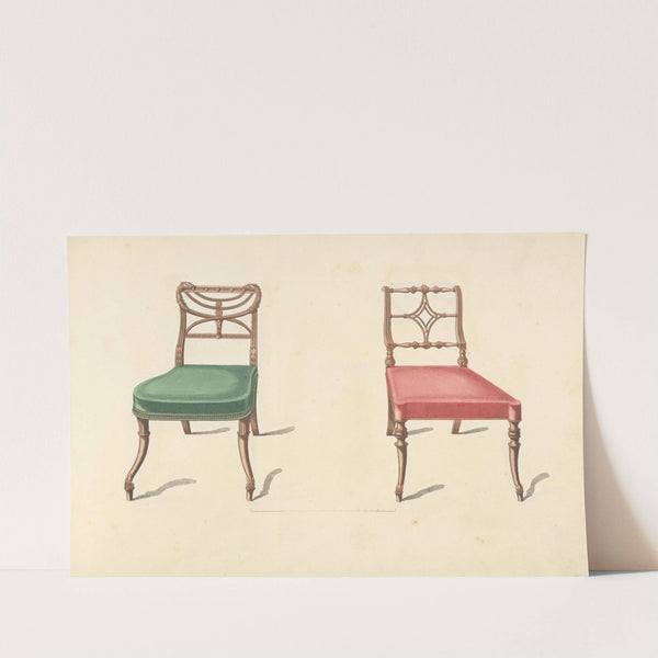 Two chairs with red, green cushions by Thomas Sheraton