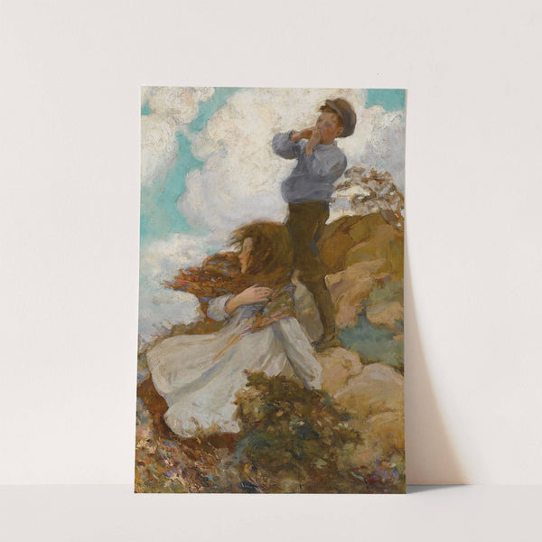 Two Children on a Windswept Hill by Circle of Jessie Willcox Smith