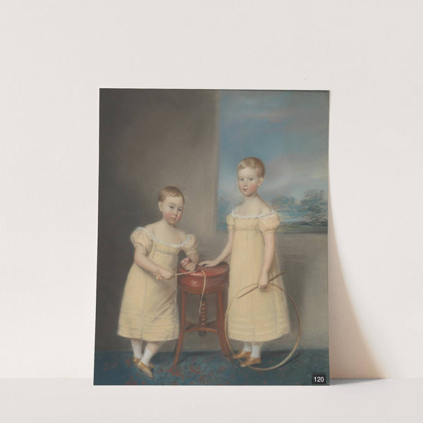 Two Children Wearing Yellow Dresses, the Elder Holding a Rolling Hoop and Stick and the Younger Holding a Whip Top and Whip by James Sharples