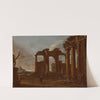 Two classical temples in ruins with statue, bas-relief and figures by Giovanni Ghisolfi