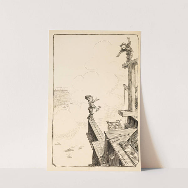 Two construction workers shout at each other while building a structure. (1906) by William Henry Walker