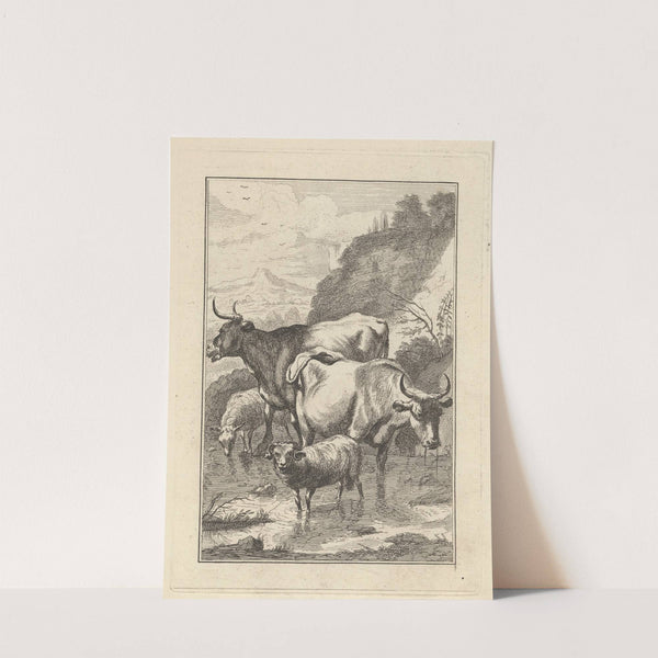 Two cows and two sheep in a stream by George Bickham the Younger