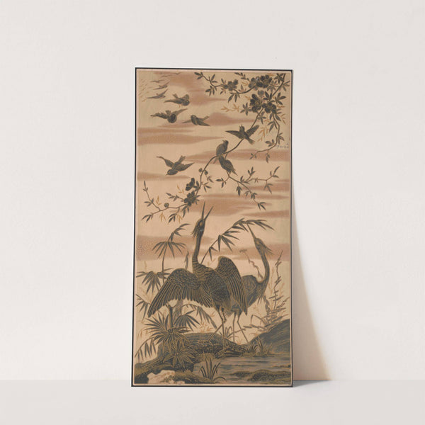 Two cranes and several smaller birds among blossoming trees (1880) by Louis Prang & Co.