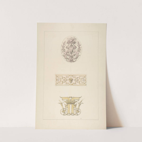 Two designs for decorative panels and one design for an ornamental monogram with a crown and the initials; FF by Jules-Edmond-Charles Lachaise