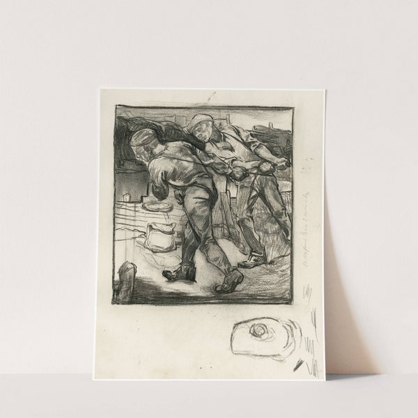 Two dike workers pulling a rope by Johannes Josephus Aarts