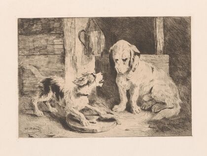 Two dogs near a lantern and plate of food