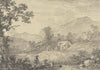 Two Figures by the Side of a Pond and a Church in a Hilly Landscape