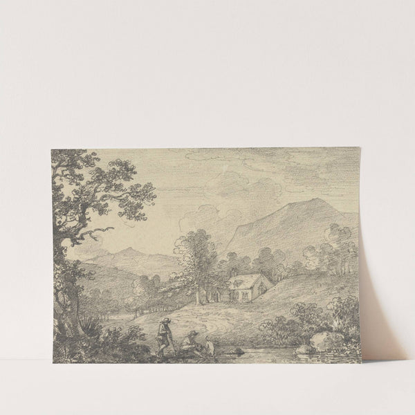 Two Figures by the Side of a Pond and a Church in a Hilly Landscape by George Howland Beaumont