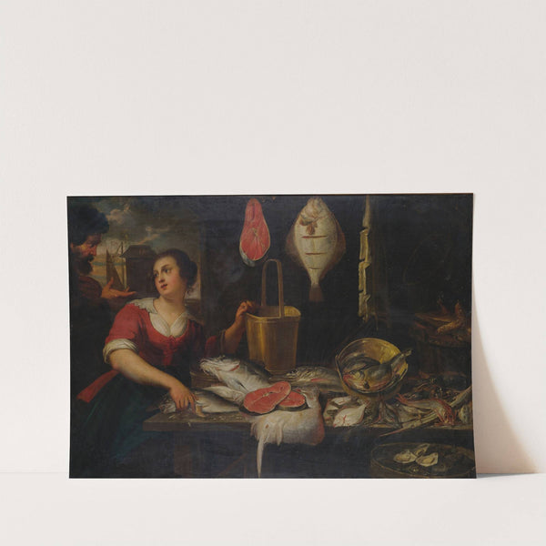 Two figures in a kitchen interior with a fish still life by Flemish School