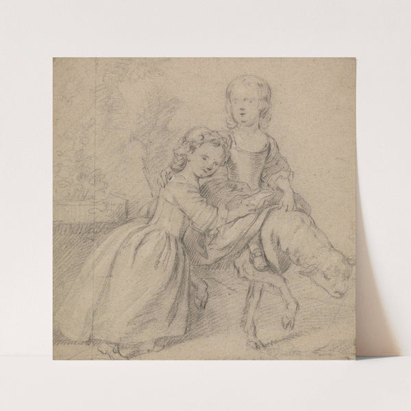 Two Girls in a Landscape, One Riding a Lamb by Thomas Hudson