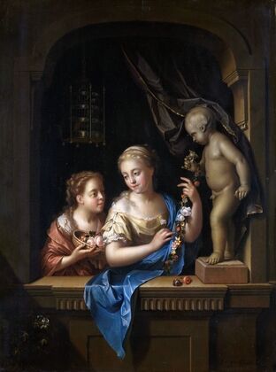 Two Girls with Flowers by a Statue of Cupid — size preview