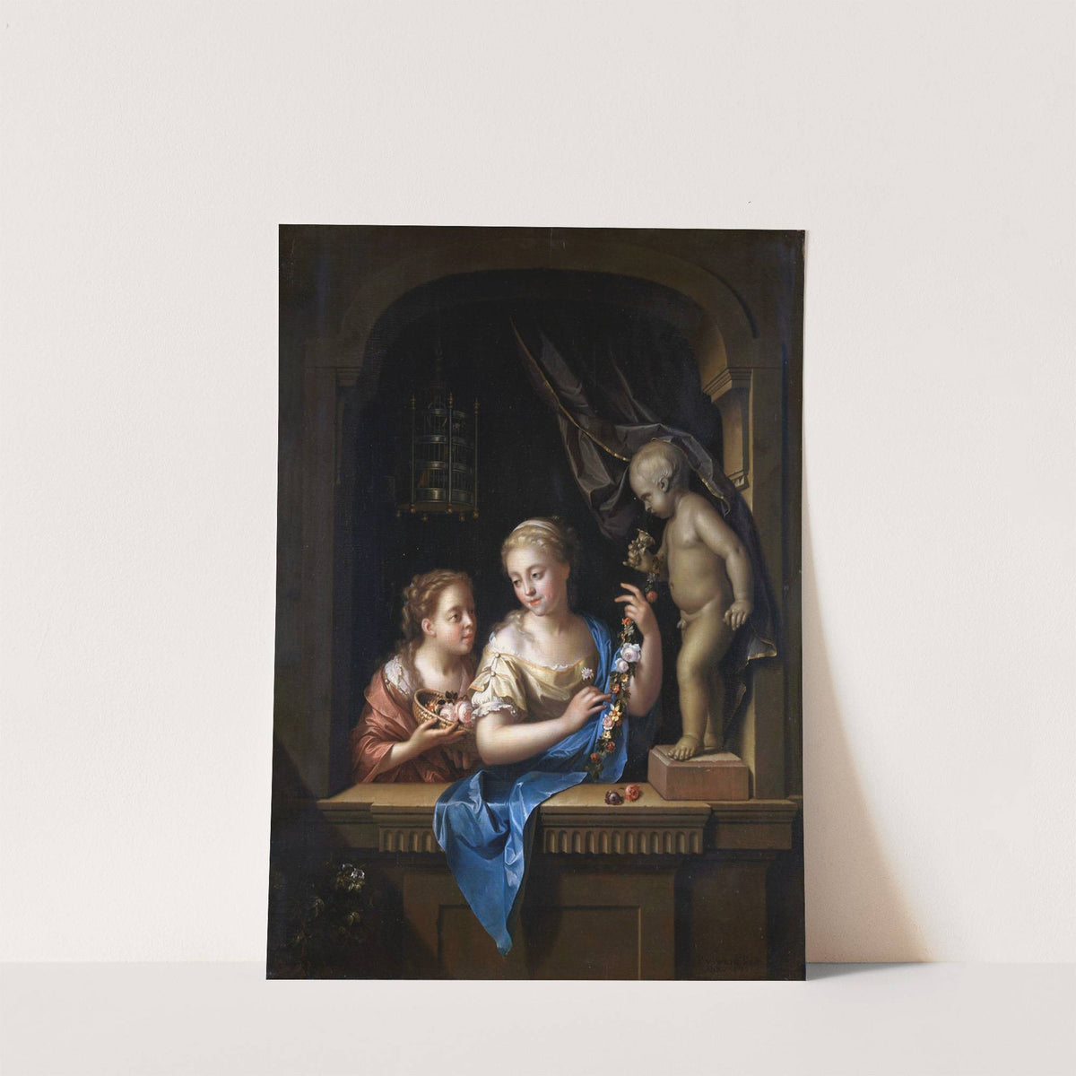 Two Girls with Flowers by a Statue of Cupid by Pieter Van Der Werff