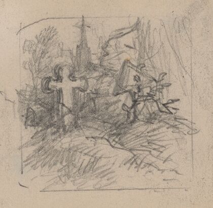 Two graves and church between trees in background