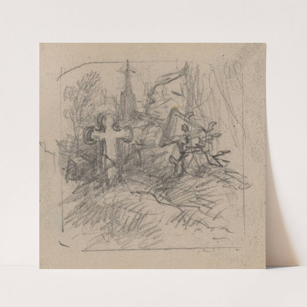 Two graves and church between trees in background by Felix Octavius Carr Darley