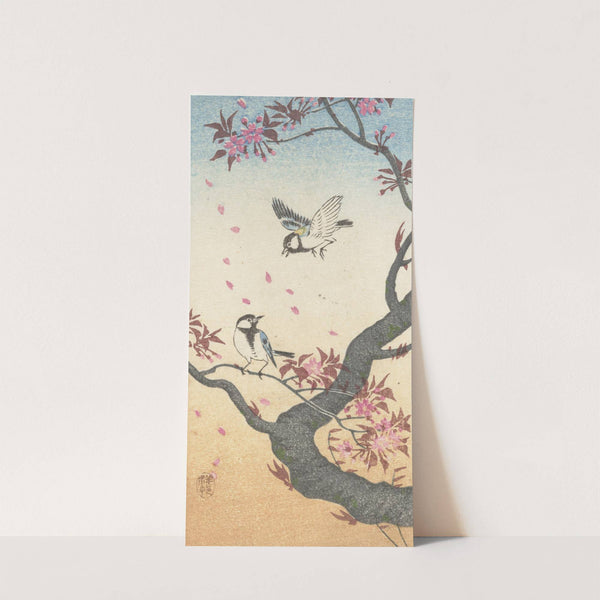 Two great tits at blossoming tree by Ohara Koson