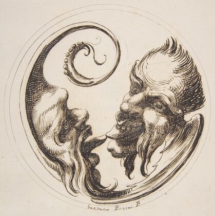 Two Grotesque Heads Facing One Another and Touching Tongues Within a Circle (1727)