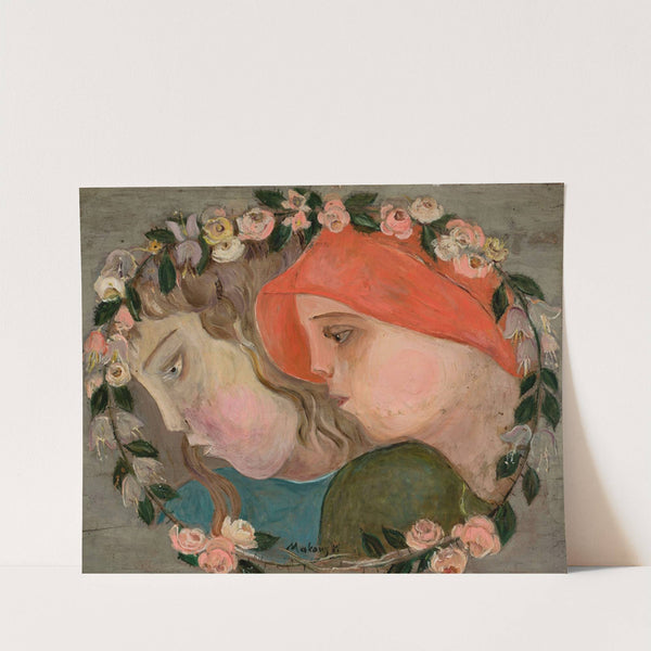 Two heads of little girls in a garland of flowers by Tadeusz Makowski