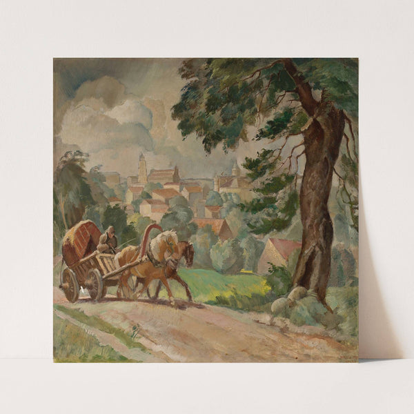 Two-horse cart on the road into town (1936) by Michał Rouba