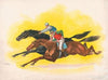 Two horses being ridden by jockeys