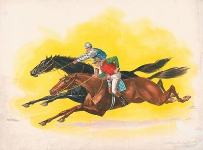 Two horses being ridden by jockeys