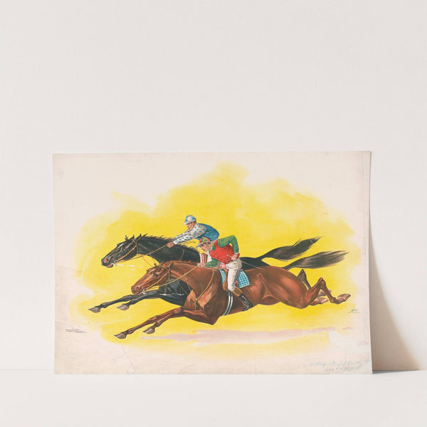 Two horses being ridden by jockeys by Anonymous