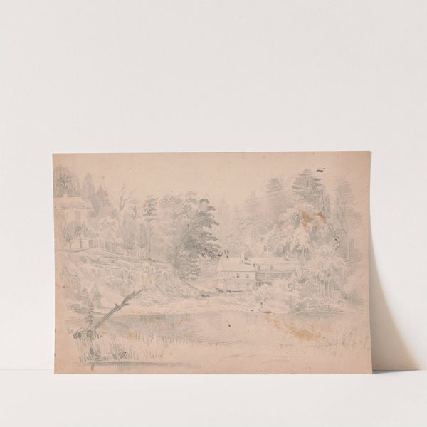 Two houses along a river, one up on a rocky embankment (1840-1860) by James Fuller Queen