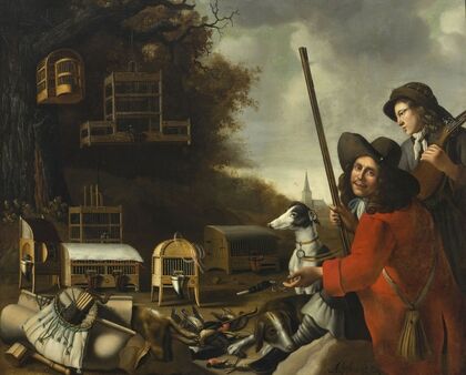 Two huntsmen with dogs and trophies