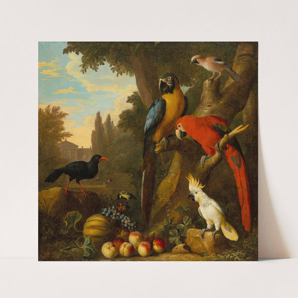 Two macaws, a cockatoo, a red-billed chough and other birds in a landscape with fruit by Jakob Bogdány