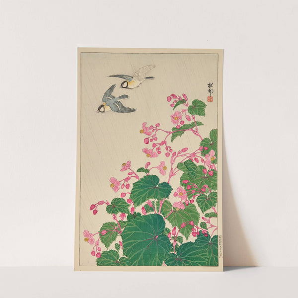 Two manchurian great tits in flight above begonia (circa 1929) by Ohara Koson