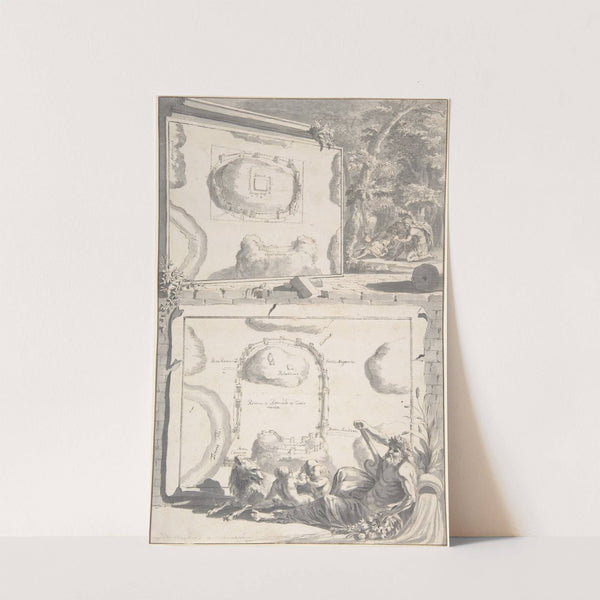 Two Maps of Ancient Rome with a River God and Romulus and Remus by Jan Goeree