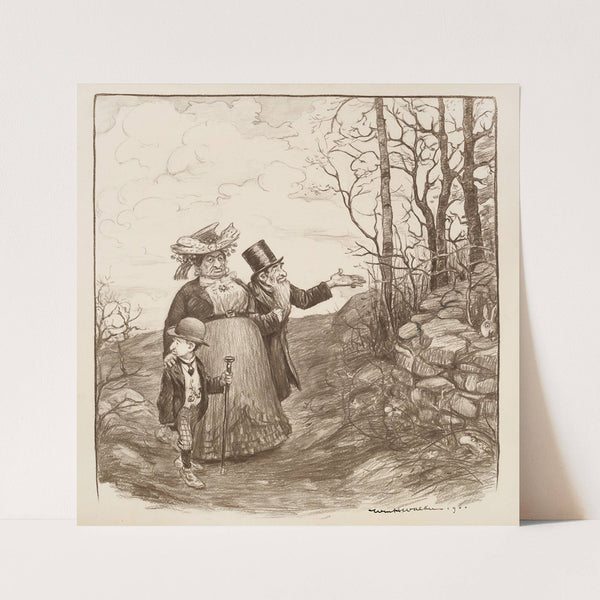 Two men and a woman walk down a road between rock walls and bare trees. (1900) by William Henry Walker