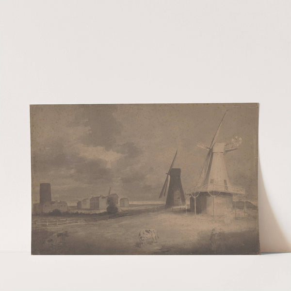 Two men conversing in a field, windmills, buildings, and a body of water beyond by John Rubens Smith