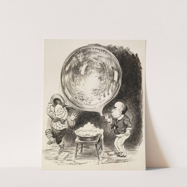 Two men, depicted as boys, use soap representing politics and the administration to blow a giant bubble representing the Philippines War (1900) by William Henry Walker