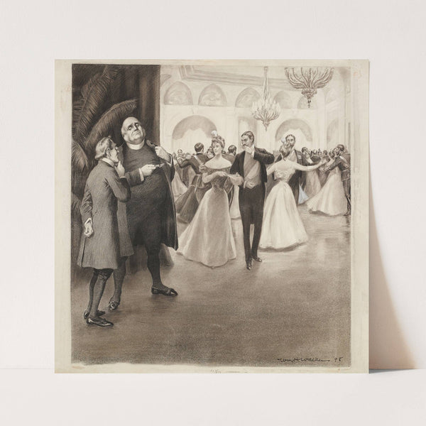 Two men in clerical collars talk at the edge of a ballroom full of dancing couples. (1898) by William Henry Walker