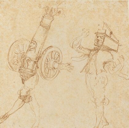 Two Men in Masquerade Costumes – A Cannon Firing and a Cat Inside a Mousetrap