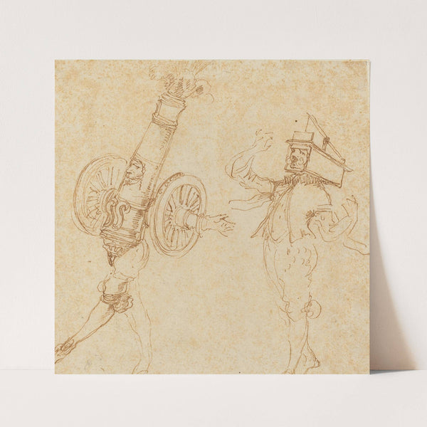 Two Men in Masquerade Costumes – A Cannon Firing and a Cat Inside a Mousetrap (c. 1645) by Stefano Della Bella