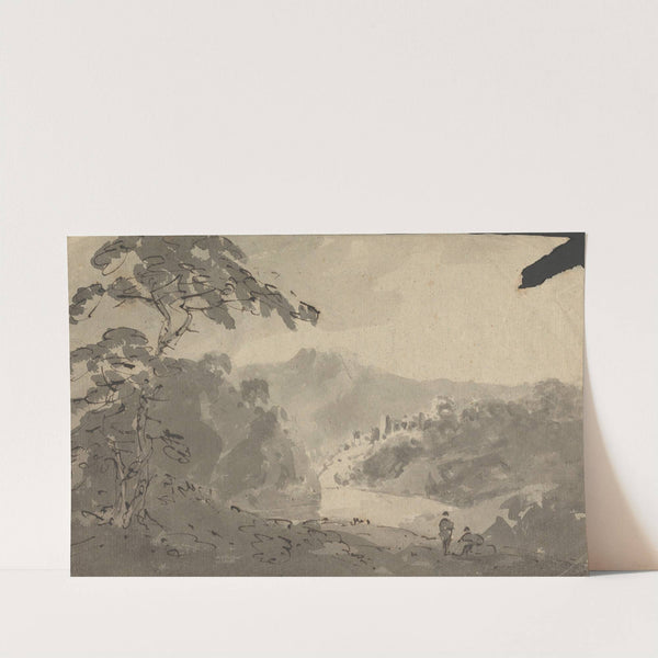 Two Men Looking Into Landscape with Castle, River and Mountain Scene by William Gilpin