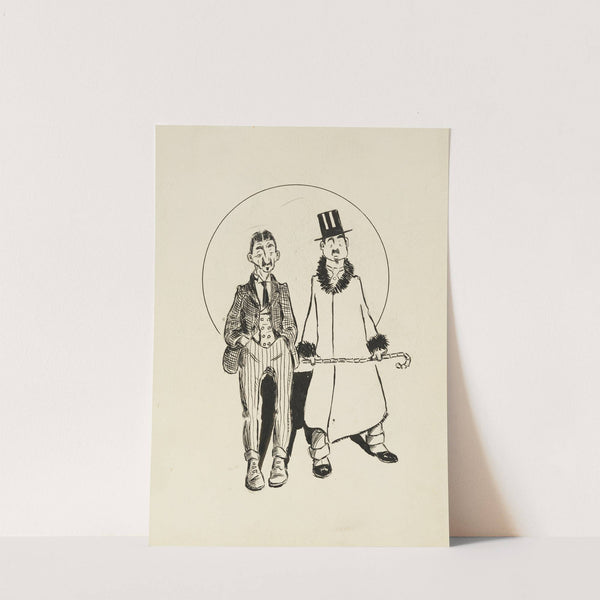 Two men, one in a three piece suit with striped pants, the other with a coat that has fur on the cuffs and collar, a top hat, and cane. by Harold Imbrie