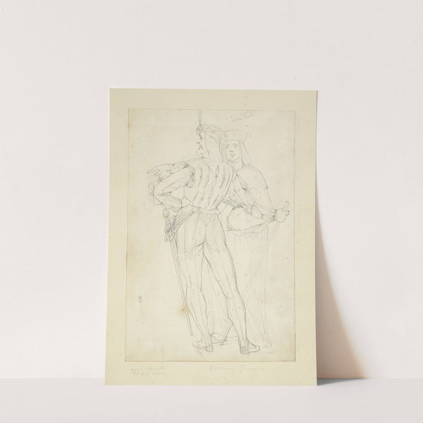 Two men, one in back view wearing tights, doublet, sword, a hat with plume, and holding a staff by Stewart Watson