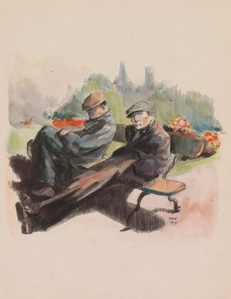 Two men sitting on a bench in a park (1919)